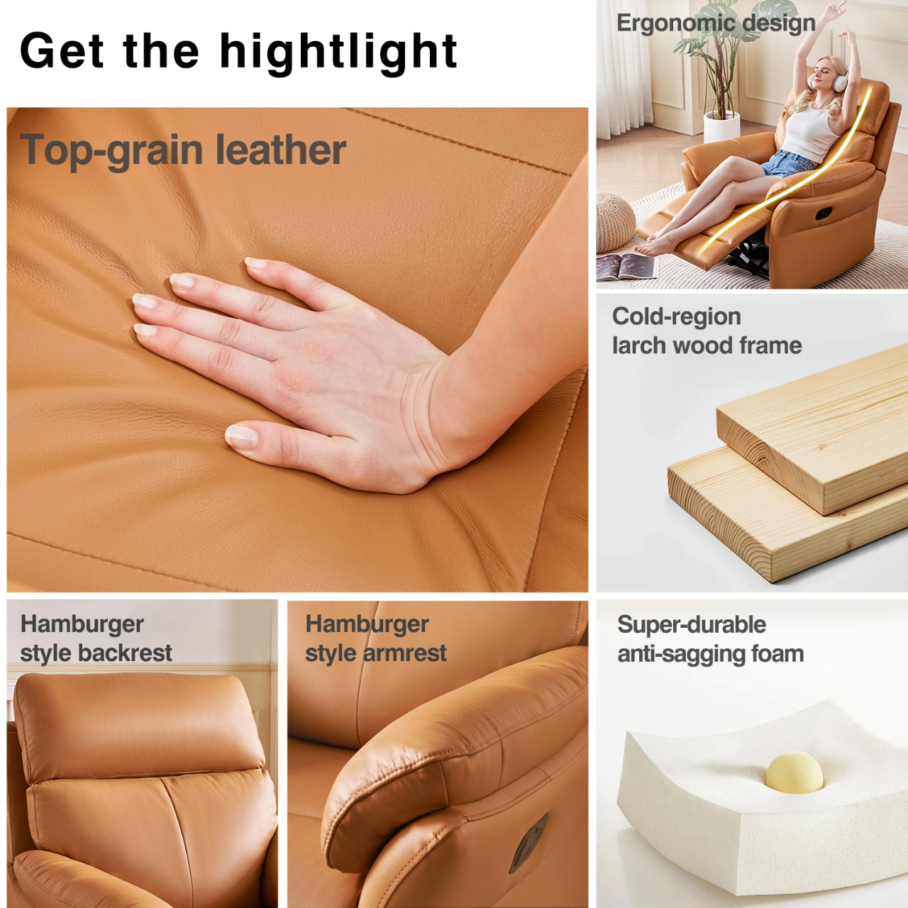 Airsky Recliner Chair Top-Grain Leather Genuine Leather Ergonomic Living Room Sofa for Adults