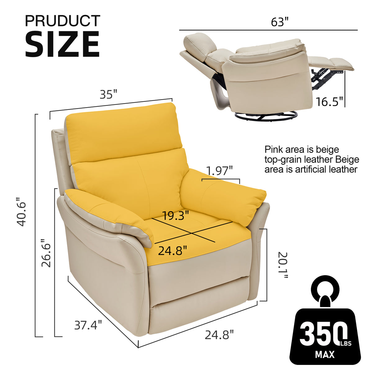 Size of Airsky Genuine Leather Reclining Oversized Swivel Rocker Glider Recliner Chairs For Large-sized Adults R1 Pro