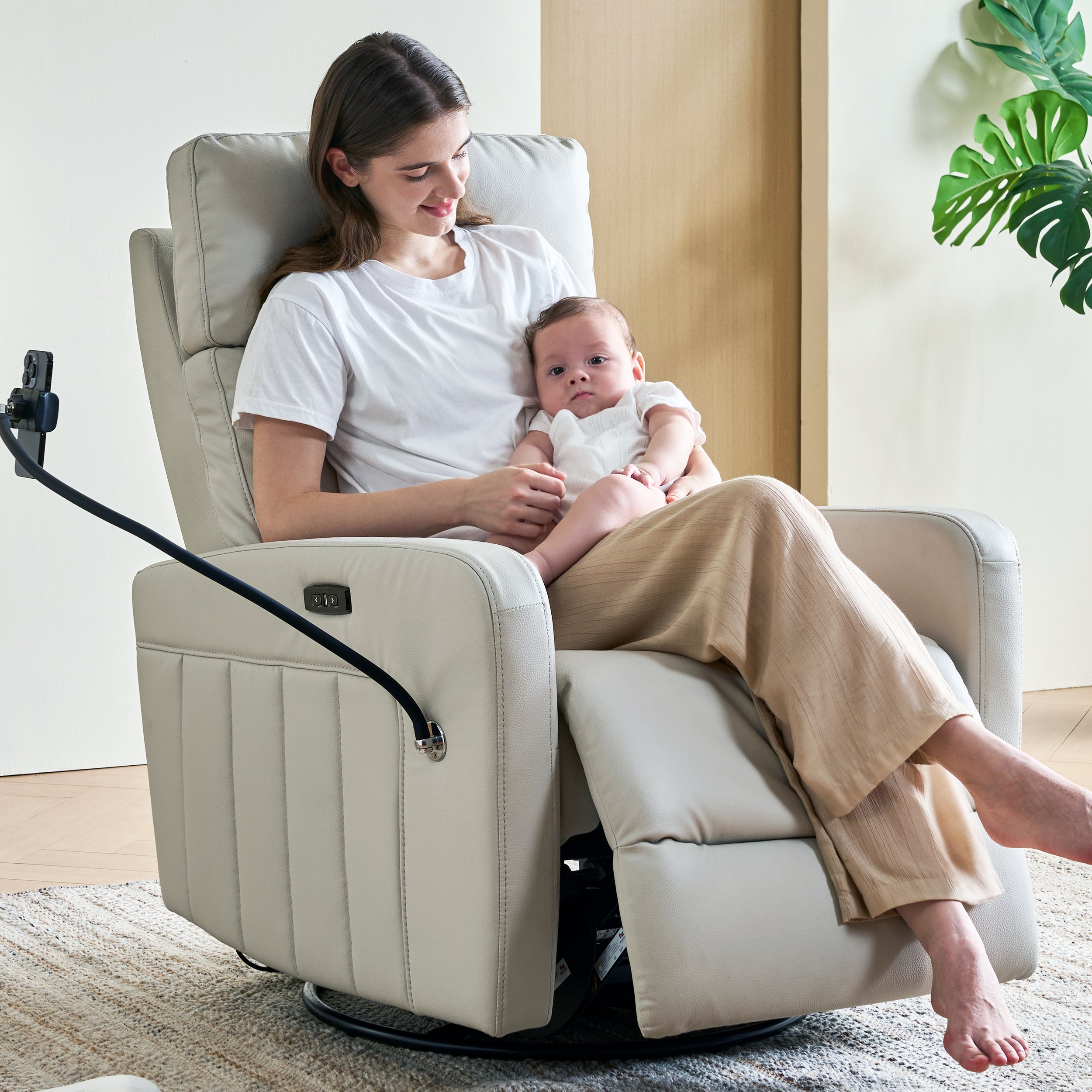 Airsky Power Swivel Glider Recliner Leather Nursery Rocker Chair With Phone Holder