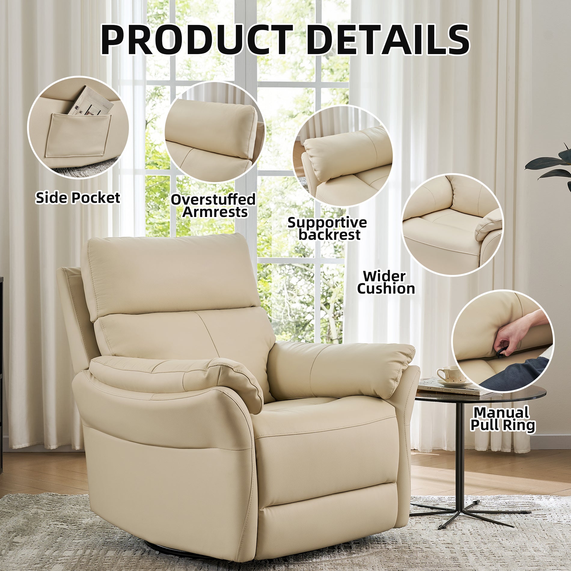 Airsky Genuine Leather Reclining Oversized Swivel Rocker Glider Recliner Chairs For Large-sized Adults