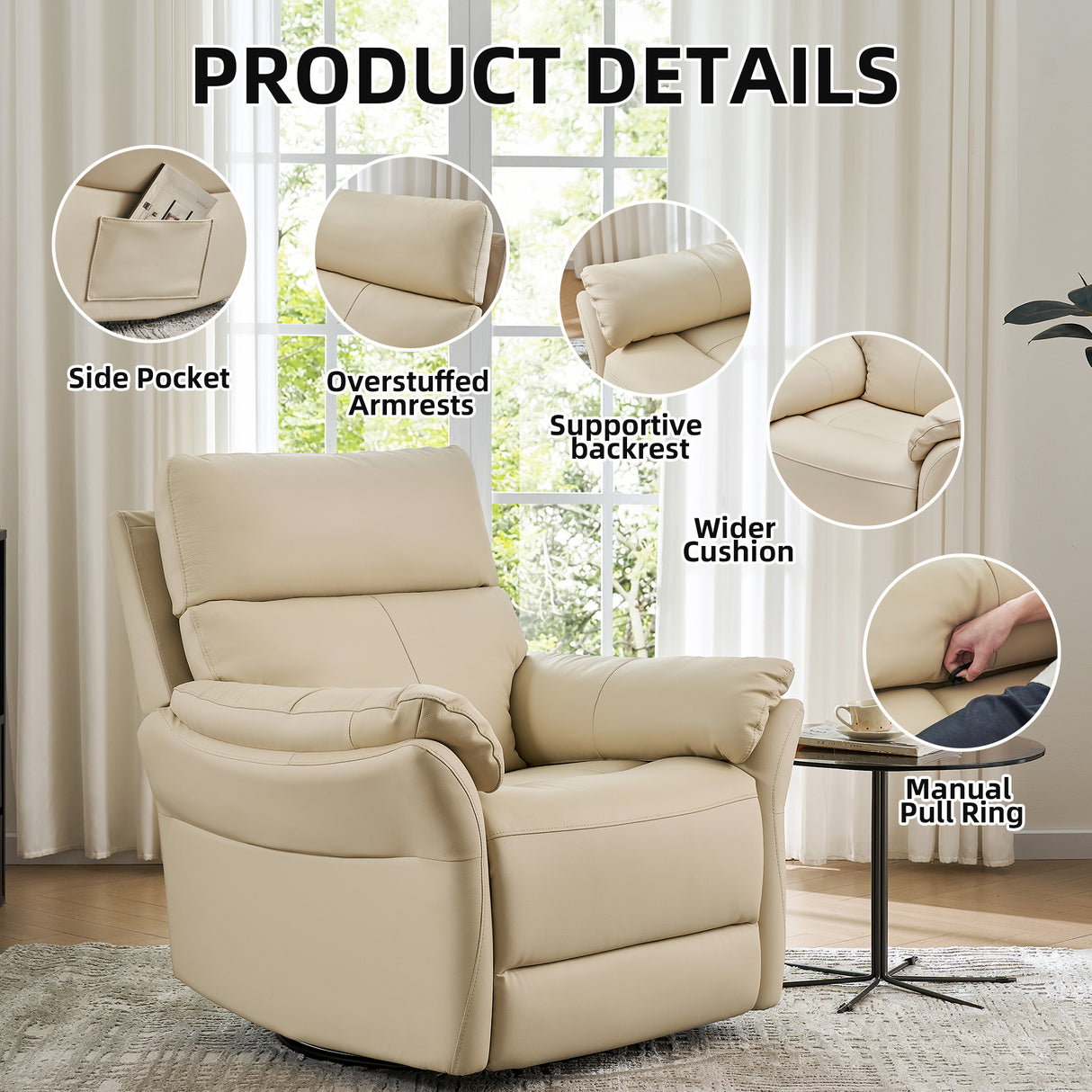 Airsky Genuine Leather Swivel Rocker Glider Recliner Chairs R1 Pro Functions Side Pockets/Wider Cushion for Large People