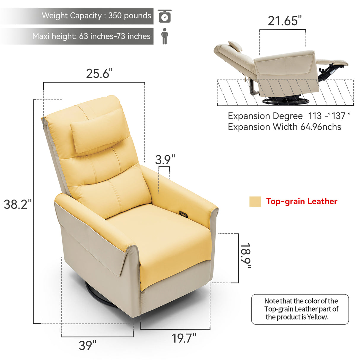 the Size of Airsky Manual Genuine Leather Recliner Chair 360° Swivel Rocking Recliners With Removable Headrest R3