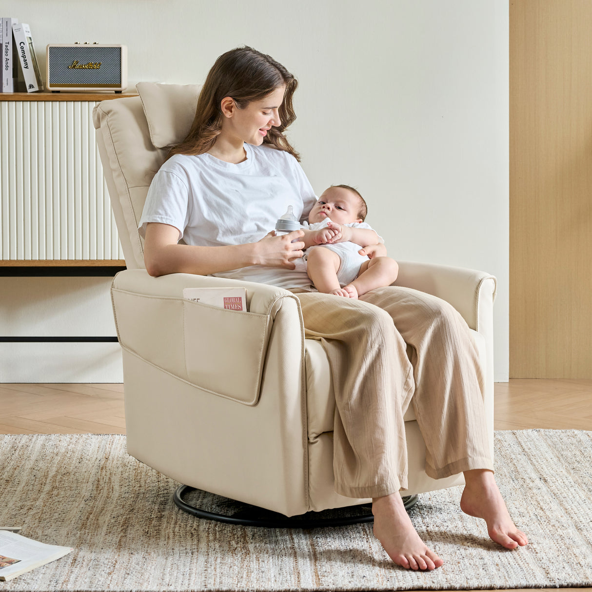 Airsky Manual Genuine Leather Recliner Chair 360° Swivel Rocking Recliners R3 for Baby Chair