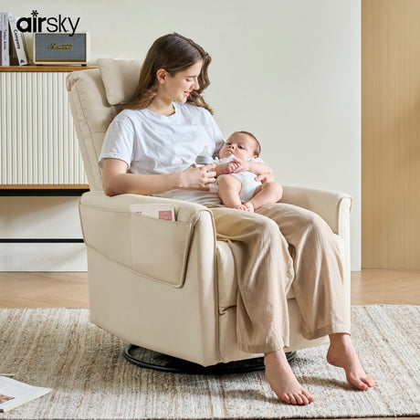 Airsky Manual Genuine Leather Recliner Chair 360° Swivel Rocking Recliners R3 for Baby Chair